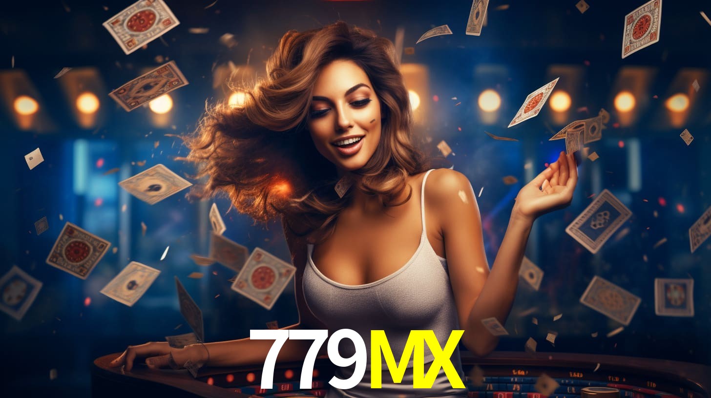 Una escena digital vívida inspirada en casino con 779MX mostrado prominentemente, luces brillantes, fichas, cartas y acentos dorados.
