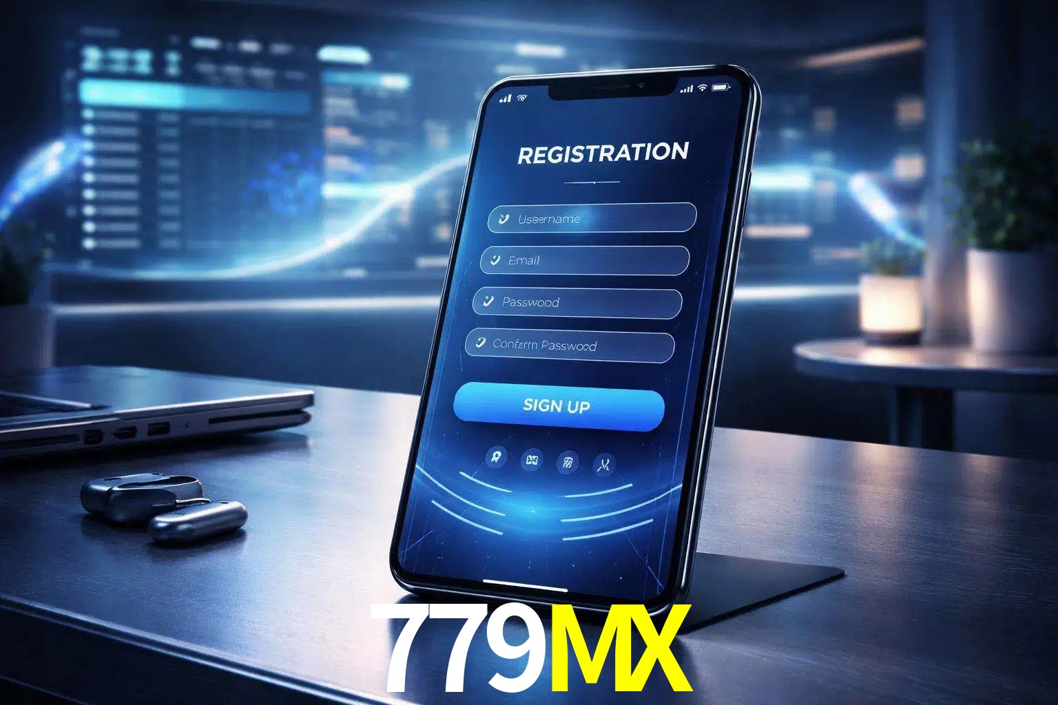Una interfaz moderna de registro móvil para 779MX mostrada en un smartphone con un panel de apuestas elegante.